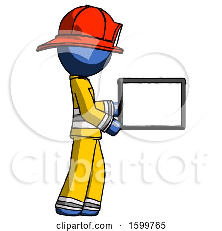 Blue Firefighter Fireman Man Show Tablet Device Computer to Viewer, Blank Area by Leo Blanchette