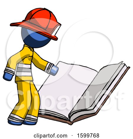 Blue Firefighter Fireman Man Reading Big Book While Standing Beside It by Leo Blanchette