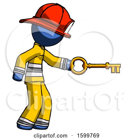 Blue Firefighter Fireman Man with Big Key of Gold Opening Something by Leo Blanchette