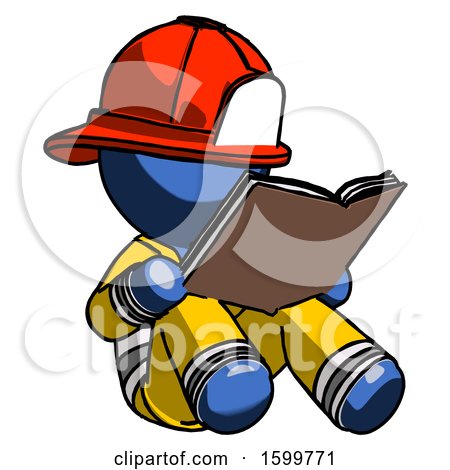 Blue Firefighter Fireman Man Reading Book While Sitting down by Leo Blanchette