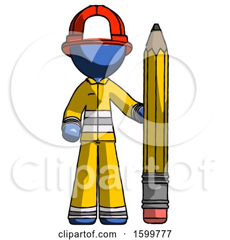 Blue Firefighter Fireman Man with Large Pencil Standing Ready to Write by Leo Blanchette