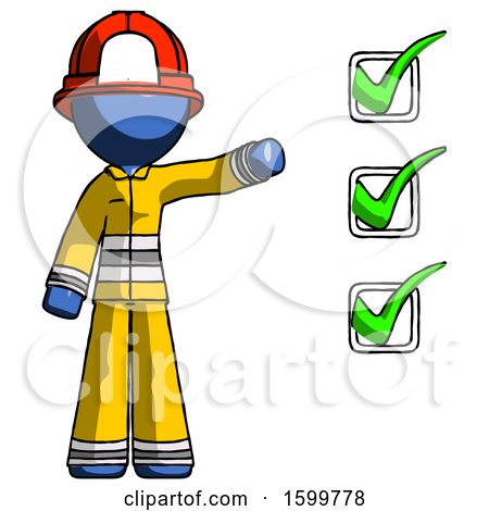 Blue Firefighter Fireman Man Standing by List of Checkmarks by Leo Blanchette
