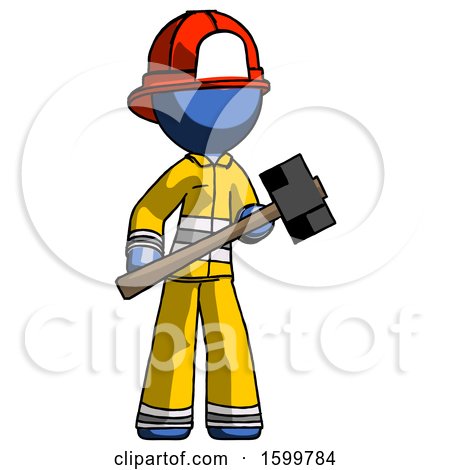 Blue Firefighter Fireman Man with Sledgehammer Standing Ready to Work or Defend by Leo Blanchette