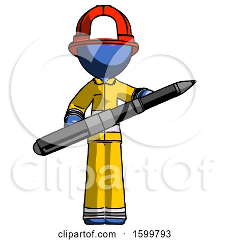 Blue Firefighter Fireman Man Posing Confidently with Giant Pen by Leo Blanchette