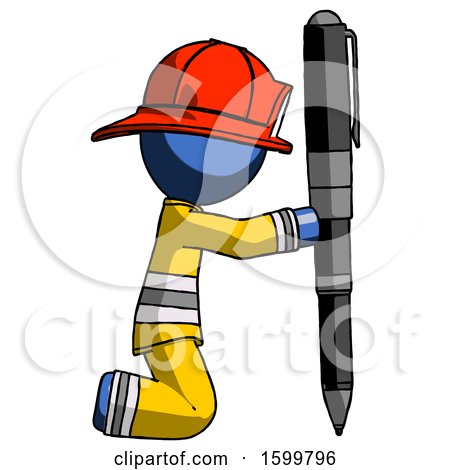 Blue Firefighter Fireman Man Posing with Giant Pen in Powerful yet Awkward Manner. by Leo Blanchette