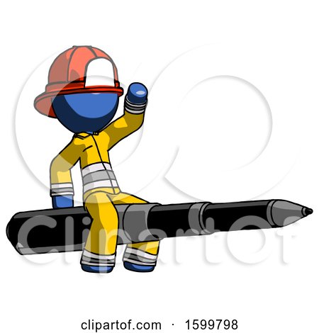 Blue Firefighter Fireman Man Riding a Pen like a Giant Rocket by Leo Blanchette