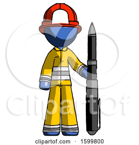 Blue Firefighter Fireman Man Holding Large Pen by Leo Blanchette