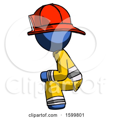 Blue Firefighter Fireman Man Squatting Facing Left by Leo Blanchette