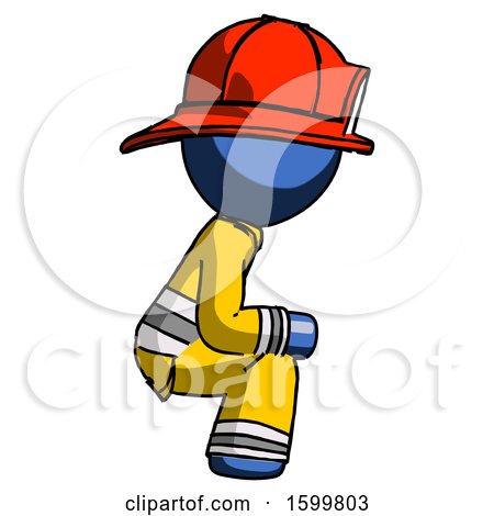 Blue Firefighter Fireman Man Squatting Facing Right by Leo Blanchette