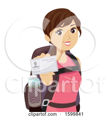 Clipart of a Teen Girl Traveler Wearing a Backpack and Showing Her Drivers License - Royalty Free Vector Illustration by BNP Design Studio