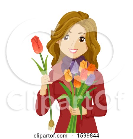Clipart of a Teen Girl Holding Netherlands Flowers on Tulips Day - Royalty Free Vector Illustration by BNP Design Studio