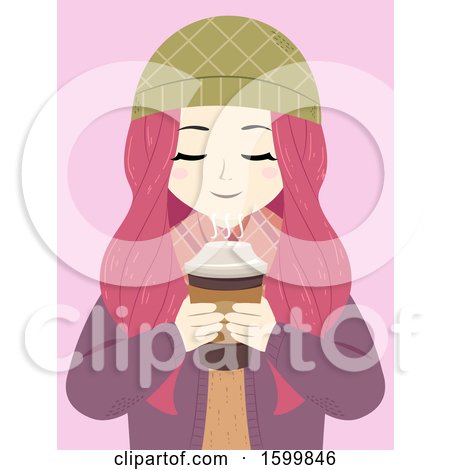 Clipart of a Teen Girl with Pink Hair, Smelling Hot Coffee - Royalty Free Vector Illustration by BNP Design Studio