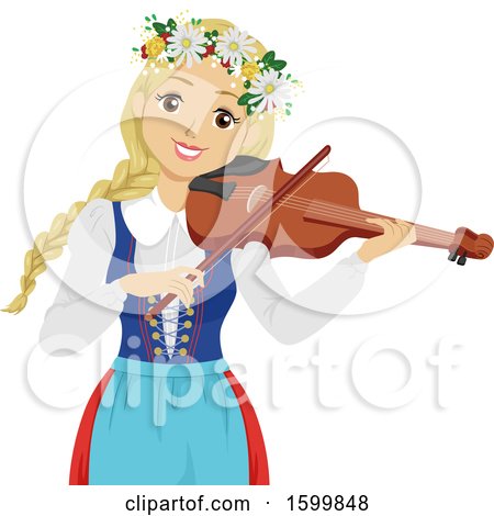 Clipart of a Swedish Teen Girl Playing a Fiddle During Midsummer Festival - Royalty Free Vector Illustration by BNP Design Studio