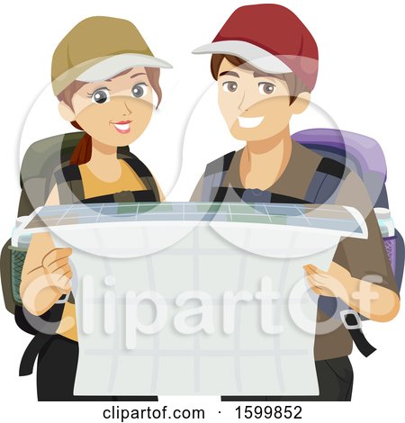Clipart of a Teen Couple Traveleing and Reading a Map - Royalty Free Vector Illustration by BNP Design Studio