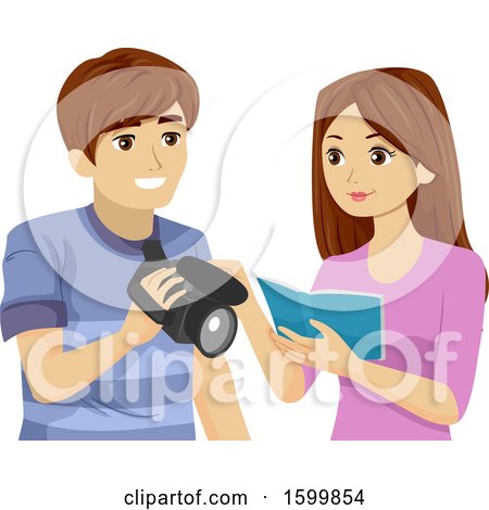Clipart of a Teen Girl and Guy Reading a Manual for a Video Camera - Royalty Free Vector Illustration by BNP Design Studio