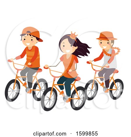 Clipart of a Group of Teenagers Dressed in Orange, Riding Bikes on Kings Day - Royalty Free Vector Illustration by BNP Design Studio