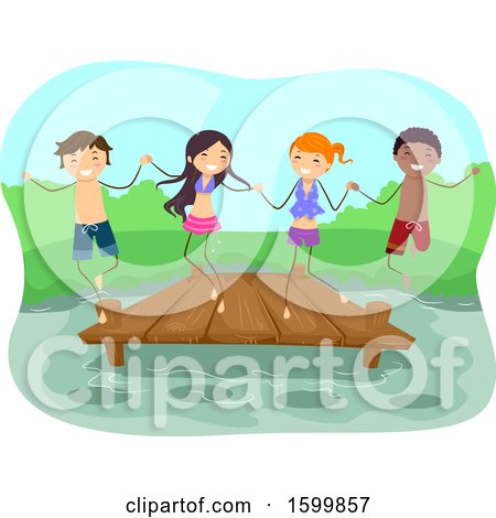 Clipart of a Group of Teenagers Holding Hands and Jumping from a Dock into a Lake - Royalty Free Vector Illustration by BNP Design Studio