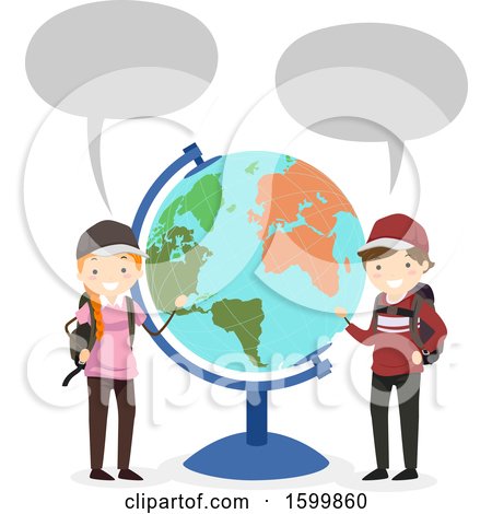 Clipart of a Traveling Teen Boy and Girl Talkinga Nd Presenting a Desk Globe - Royalty Free Vector Illustration by BNP Design Studio