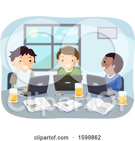Clipart of a Group of Teenage Guys Studying with Laptops - Royalty Free Vector Illustration by BNP Design Studio