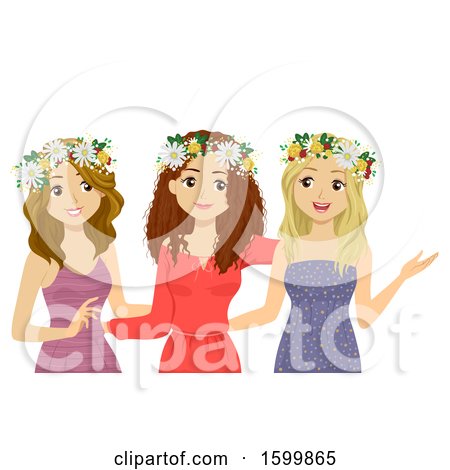 Clipart of a Group of Teen Girls Wearing Flower Wreaths for Midsummer Festival - Royalty Free Vector Illustration by BNP Design Studio