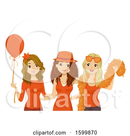 Clipart of a Group of Teen Girls Wearing Orange and Celebrating Kings Day - Royalty Free Vector Illustration by BNP Design Studio