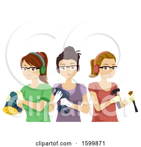 Clipart of a Group of Teen Girls with Woodworking Tools - Royalty Free Vector Illustration by BNP Design Studio