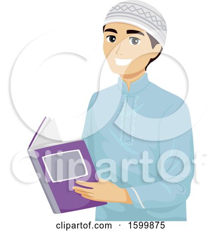 Clipart of a Teen Muslim Guy Reading a Book - Royalty Free Vector Illustration by BNP Design Studio