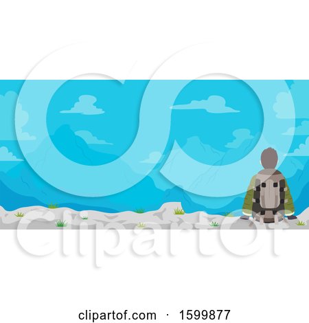 Clipart of a Rear View of a Teen Guy Hiker Sitting with a Mountain View - Royalty Free Vector Illustration by BNP Design Studio