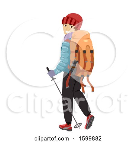 Clipart of a Teen Guy Hiker with a Backpack and Pole - Royalty Free Vector Illustration by BNP Design Studio
