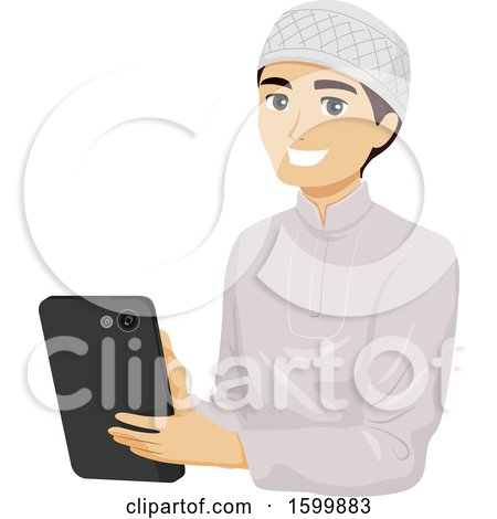Clipart of a Teen Muslim Guy Holding a Tablet - Royalty Free Vector Illustration by BNP Design Studio