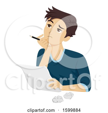 Clipart of a Teen Guy Thinking and Trying to Write a Letter or Essay - Royalty Free Vector Illustration by BNP Design Studio