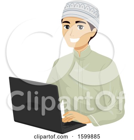 Clipart of a Teen Muslim Guy Using a Laptop - Royalty Free Vector Illustration by BNP Design Studio