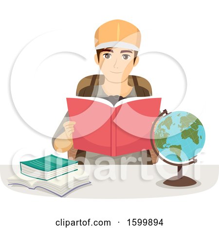 Clipart of a Teen Guy Reading About Travel to Another Country - Royalty Free Vector Illustration by BNP Design Studio
