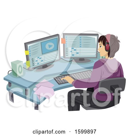 Clipart of a Teen Guy Editing Video Footage on a Computer - Royalty Free Vector Illustration by BNP Design Studio