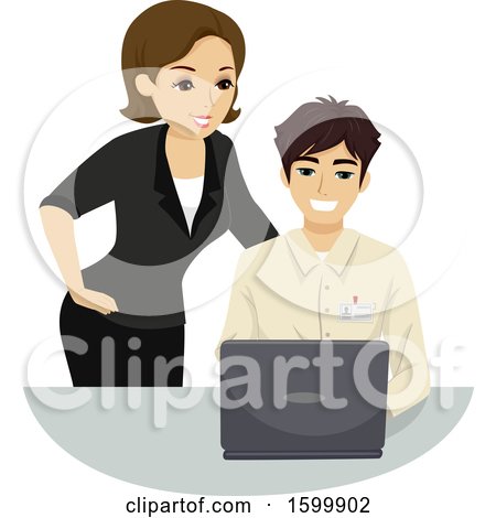Clipart of a Teenage Guy Intern Helping a Woman with Her Computer - Royalty Free Vector Illustration by BNP Design Studio