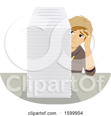 Clipart of a Stressed Teenage Guy Intern with a Giant Stack of Paperwork - Royalty Free Vector Illustration by BNP Design Studio