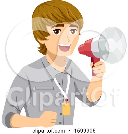 Clipart of a Teenage Guy Intern Using a Megaphone - Royalty Free Vector Illustration by BNP Design Studio