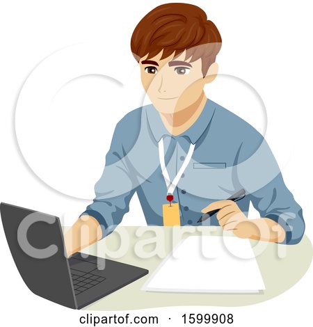 Clipart of a Teenage Guy Intern Using a Laptop - Royalty Free Vector Illustration by BNP Design Studio
