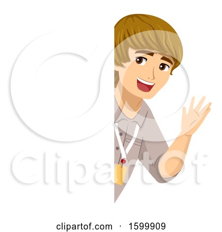 Clipart of a Teenage Guy Intern Waving Around a Board - Royalty Free Vector Illustration by BNP Design Studio