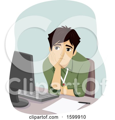 Clipart of a Teenage Guy Intern Bored at Work, Staring at a Computer - Royalty Free Vector Illustration by BNP Design Studio