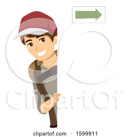 Clipart of a Traveling Teen Guy Wearing a Backpack and Looking Around a Board with an Arrow - Royalty Free Vector Illustration by BNP Design Studio