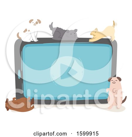 Clipart of a Giant Tablet with a Video Screen, Surrounded by Dogs - Royalty Free Vector Illustration by BNP Design Studio