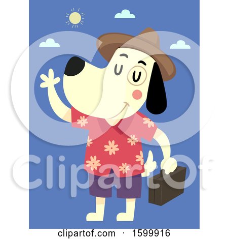 Clipart of a Traveling Dog Wearing a Hawaiian Shirt and Waving - Royalty Free Vector Illustration by BNP Design Studio