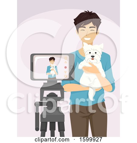 Clipart of a Young Man Holding a Dog and Recording a Video - Royalty Free Vector Illustration by BNP Design Studio