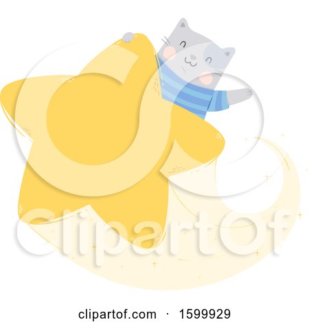 Clipart of a Kitty Cat Riding a Star and Waving - Royalty Free Vector Illustration by BNP Design Studio