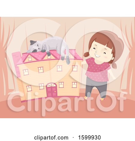 Clipart of a Happy White Girl with a Pet Cat Sleeping on Her Doll House - Royalty Free Vector Illustration by BNP Design Studio