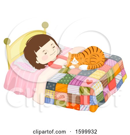 Clipart of a Brunette White Girl Sleeping Happily with a Ginger Cat on Her Bed - Royalty Free Vector Illustration by BNP Design Studio