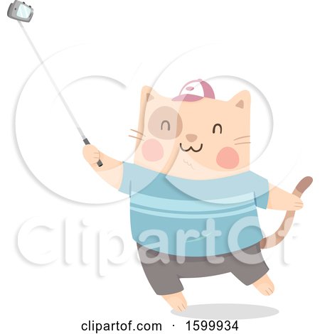 Clipart of a Kitty Cat Taking a Selfie with a Stick - Royalty Free Vector Illustration by BNP Design Studio