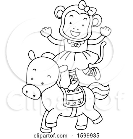 Clipart of a Lineart Monkey Standing on a Horse - Royalty Free Vector Illustration by BNP Design Studio