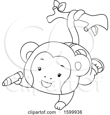Clipart of a Lineart Monkey Hanging from Its Tail and Holding a Crayon - Royalty Free Vector Illustration by BNP Design Studio